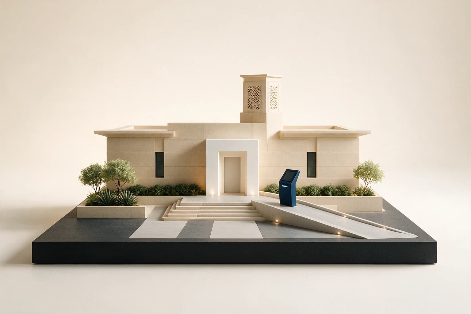 An accessible civic service pavilion with a digital kiosk