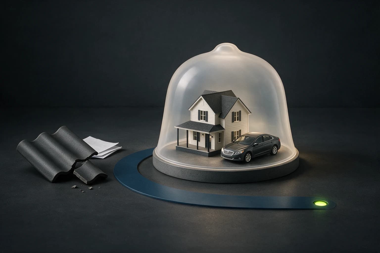 A protective canopy covering a home and vehicle beside claim evidence