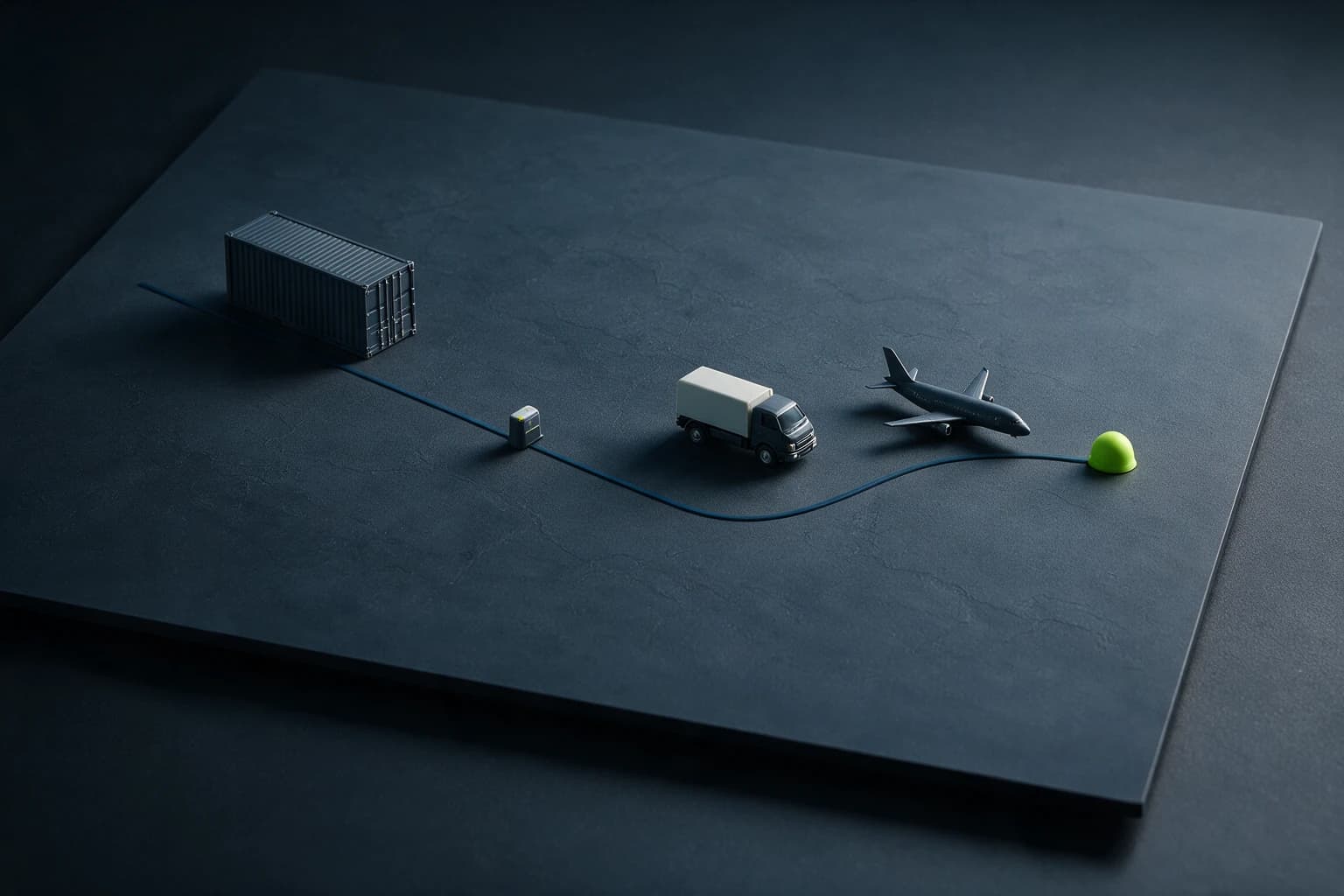 A container, truck and aircraft following an optimized route